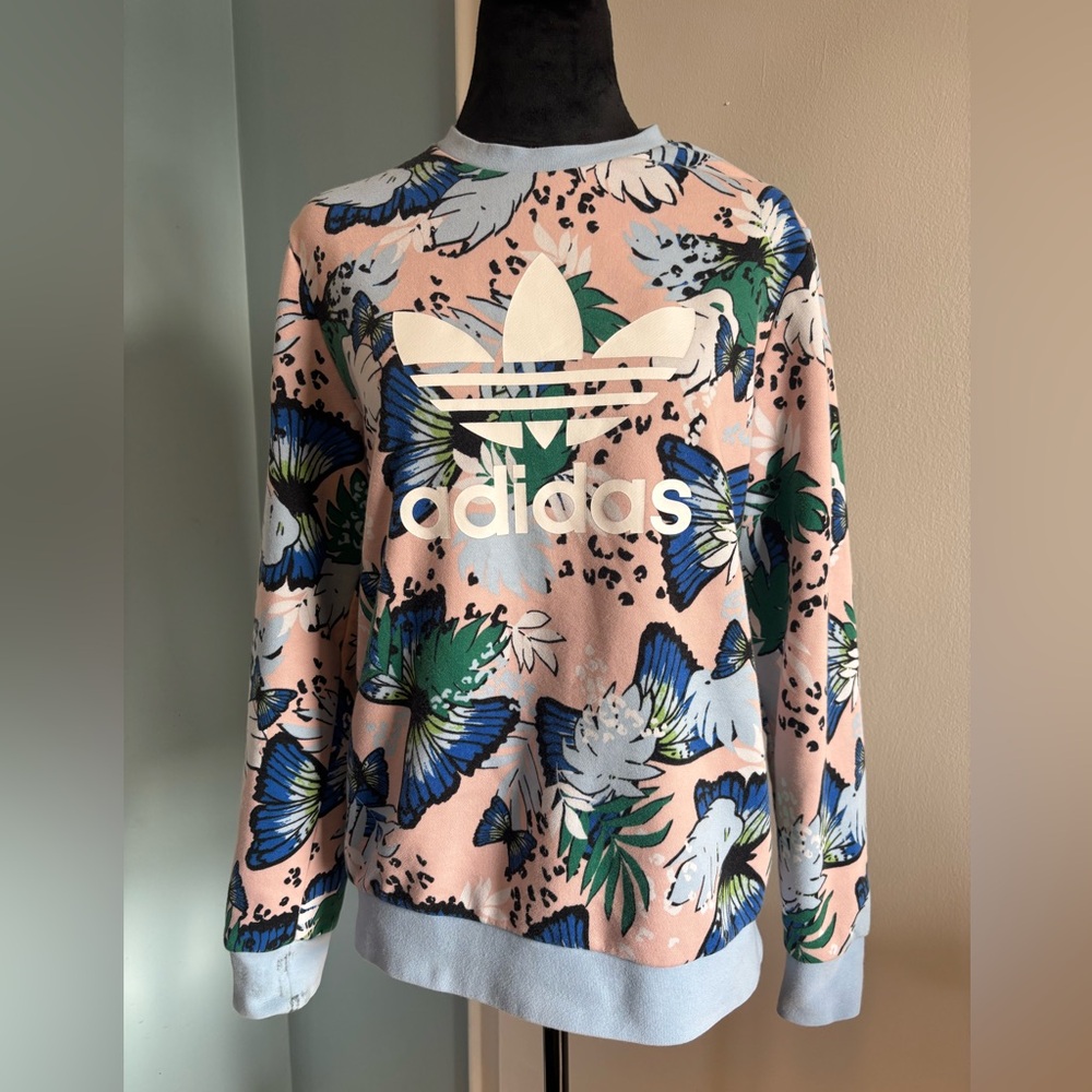 Adidas Women's Floral Crew Neck Sweater - Pink and Blue